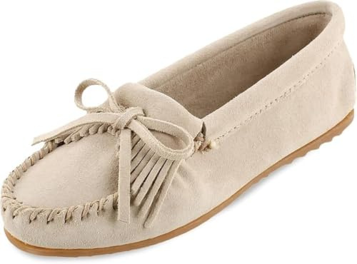 Minnetonka Women's Kilty Suede Hardsole Moccasin, Stone, 8.5 M US