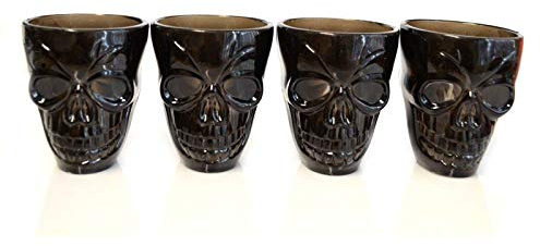 SHATCHI Set of 4 Halloween Black Shot Glasses with Spooky 3D Skull Shape Party Tableware Drink Accessories, 4 Glasses (Pack of 1)