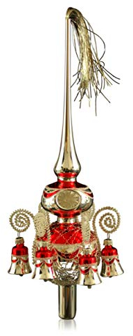 Doppelspitze mit Glöckchen Silber rot, umsponnen L ca. 33cm d(Kugeln) 6/8cm Christbaumschmuck Weihnachtsbaumschmuck mundgeblasen,handdekoriert,Leonischer Draht Lauschaer Glas das Original