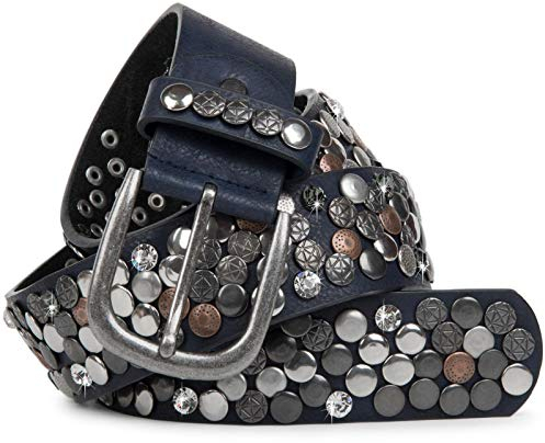 styleBREAKER Damen Nietengürtel im Vintage Design, verschiedenen Nieten und Strass, Synthetik Gürtel, kürzbar 03010051, Farbe:Dunkelblau, Größe:80cm