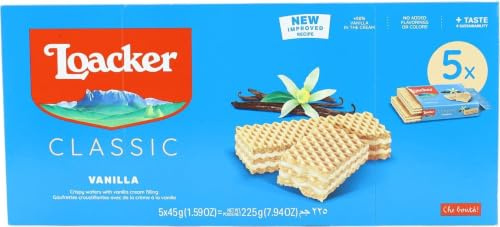 Loacker - Classic Vanille - Wafer Classico con 3 Strati di Cialde Farcite con Crema alla Vaniglia di Vere Bacche di Vaniglia Bourbon - Merenda e Snack - Confezione da 5 Pezzi da 45 g
