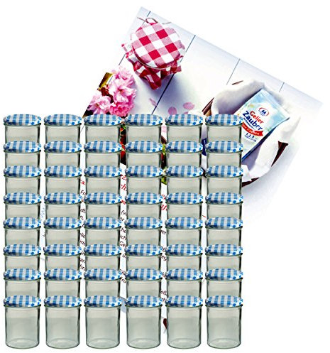 MamboCat Lot de 48 bocaux à confiture en verre de 350 ml avec couvercles bleus To 82 à carreaux + livret de recettes Diamant-Zucker Gelierzauber (français non garanti)