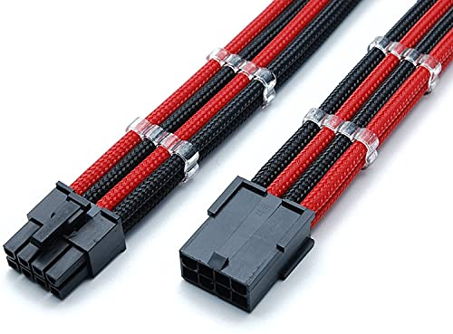 8 pines ATX CPU, placa base de color negro y rojo, cable de extensión con funda protectora no retráctil, con 2 peines de cable libre, de 30 cm