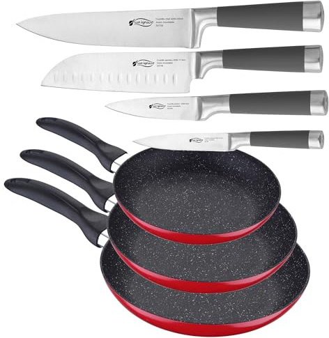 Pfannenset in rot und andere Pfannen und Messer