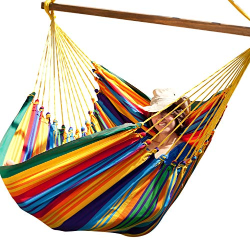 Hängestuhl XXL Hängematte Familienhängematte max. 160 kg belastbar Riesiger Hängesitz 210cm 100% WETTERFEST Hängesessel Bunte Farben mit HARTHOLZ Spreizstab