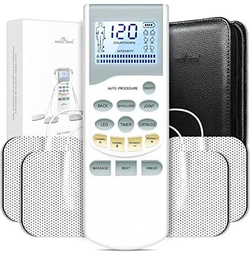 Easy@Home TENS Gerät zur Schmerztherapie – Wiederaufladbares Reizstromgerät mit 2 unabhängigen Kanälen, Hintergrundbeleuchtung LCD, leistungsstarker Pulsintensität