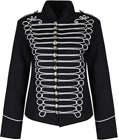 Ro Rox Women’s Napoleon Military Drummer Parade Jacket Steampunk Military Jacket, Black & Silver, L