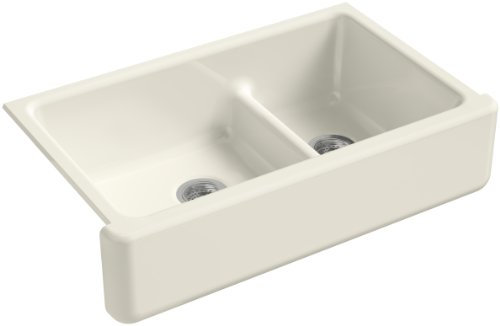 KOHLER Whitehaven® 35-3/4 Undermount Kitchen Sink, Self-Trimming, Smart Divide, Large/Medium Double-Bowl Kitchen Sinks with Tall Apron, K-6427-96, Biscuit