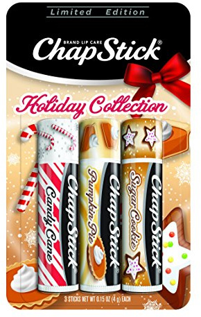 ChapStick Holiday Collection, Lip Balm Tube, 0.15 Ounce Each (Candy Cane, Pumpkin Pie & Sugar Cookie Flavors, 1 Blister Pack of 3 Sticks, Great Gifts for Women