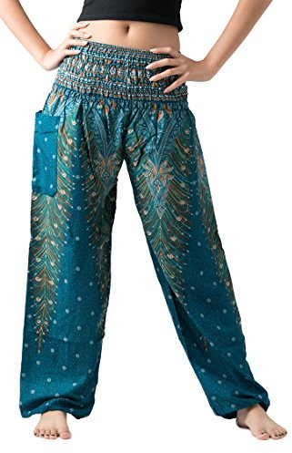 B BANGKOK PANTS Haremshose für Damen, Yoga, Boho-Kleidung mit Taschen, Grüner Pfau, Einheitsgröße