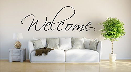 INDIGOS UG - Wandtattoo Wohnzimmer - Wandaufkleber Willkommen - 150cm x 52cm schwarz E963 - Aufkleber Kinderzimmer Schlafzimmer Küche Badezimmer Büro Dekoration