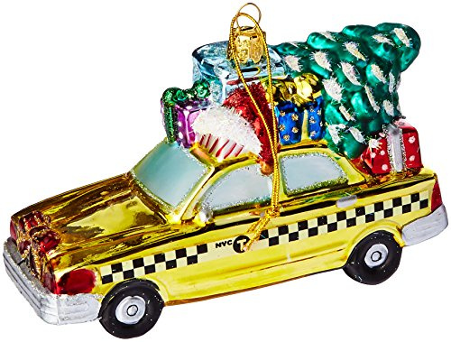 Kurt Adler NYC Taxi mit Karomuster und Weihnachtsbaum, Dekoration aus Glas, 13,59 cm