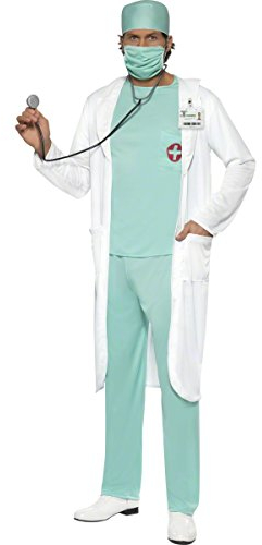 Smiffys Doktor Kostüm, mit Oberteil, Hose, Haube, Mundschutz, Klarem Namensschild und Kittel