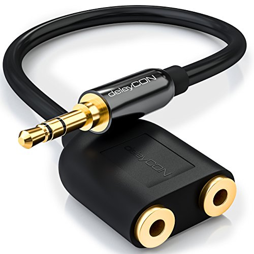 deleyCON Adaptateur Jack Audio Stéréo - 2X Jack 3,5mm Femelle à 1x Jack Mâle 3,5mm - Noir
