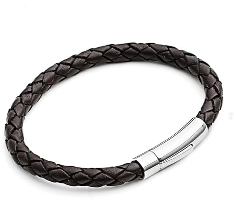 Tribal Steel Brown Plaited Leather Bracelet for Men - Mens 21cm Bracelet with Riveted Stainless Steel Rocker Clasp