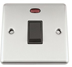 A5 20A Double Pole Switch - Satin Matt Chrome Classic - Black Insert Plastic Switch - DP Water Heater Switch with Neon Indicator