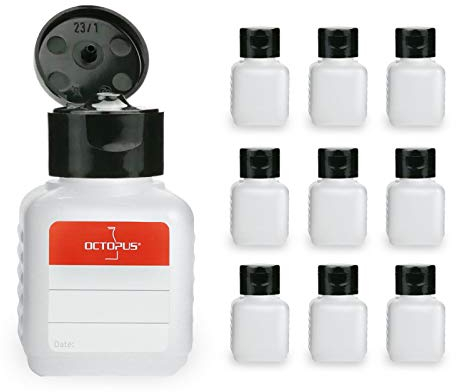 Octopus 10 x 50 ml bottiglie di plastica HDPE con chiusura a cerniera nera, bottiglie vuote con 10 etichette