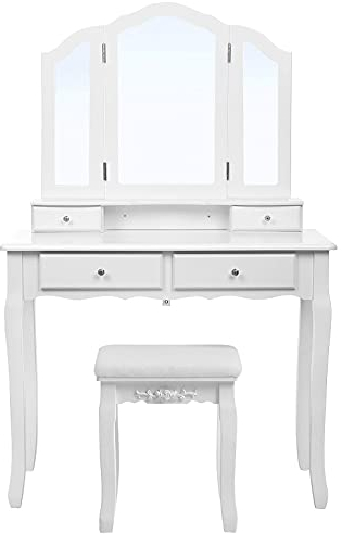 SONGMICS Schminktisch 3 Spiegel mit Hocker u. 4 Schubladen inkl, 2 Stück Unterteiler, Kippsicherung, weiß, RDT07W