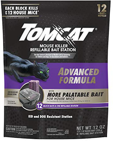 Tomcat Mouse Killer Refillable Bait Station with Advanced Formula Bait, 1 Station and 12 Poison Block Refills