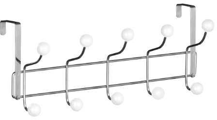 Over-the-Door Coat Rack with 10 Hooks, Chrome Metal with White Balls, Door Mount Organizer