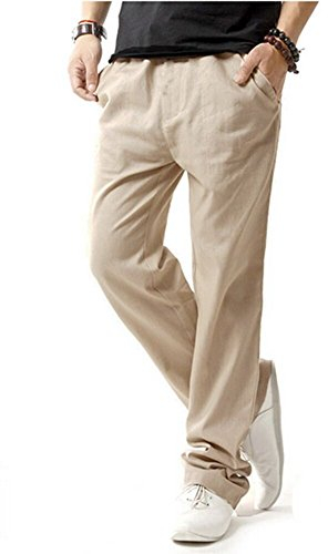 HOEREV Pantaloni Casual da Uomo in Lino,Beige,Large