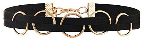 JewelryWe Schmuck Damen Choker Halskette, schwarz gotische Seil Goldrohr Velvet Spitze Choker Tattoo Punk Gothic Länge einstellbare Halsband mit runden Ring