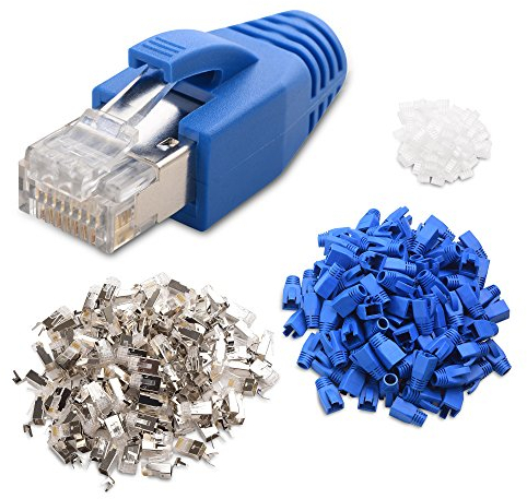 Cable Matters Paquete de 50 conectores modulares RJ45 apantallados Cat6A con fundas de alivio de tensión/Conectores RJ45 apantallados Cat 6A