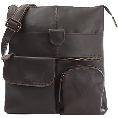 LECONI Umhängetasche Rinds-Leder kleine Schultertasche Damen + Herren Vintage-Look Schultertasche Ledertasche 28x30x5cm dunkelbraun LE3011-wax