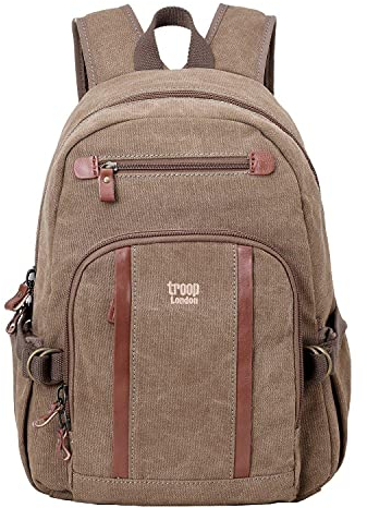 Troop Klassischer Lederrucksack mit verstellbaren, gepolsterten Canvas-Rückengurten und Reißverschluss Mittel Braun