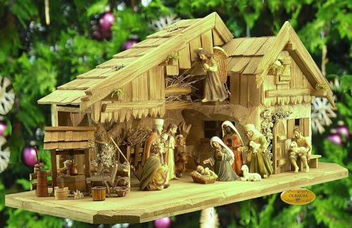 ÖLBAUM-Krippe KA70gg-MFPO-ALP-T2LF1 XXL Weihnachtskrippe mit großer Bodenplatte, mit Holz-Brunnen MIT HOLZDACH + Premium-DEKOSET Alpenland, Massivholz GEBEIZT - mit 12 x Premium-Krippenfiguren +