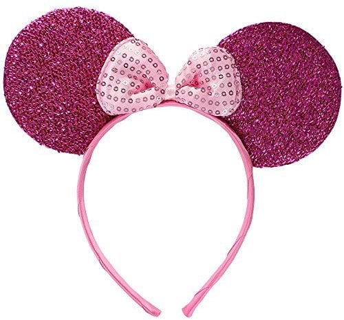 Sparkly Mouse Ears with Bow on Headband/ Aliceband.Hair Accessory-Bright Pink by Inca