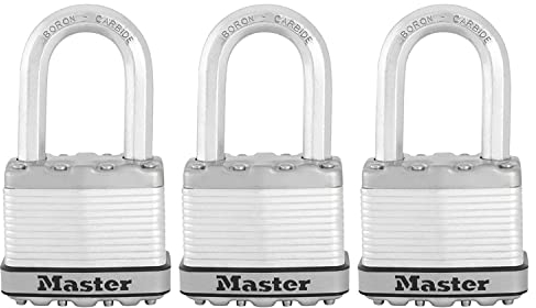 Master Lock M5EURTRILF Candado Seguridad Llaves Acero Laminado Exterior, Arco Medium, Adecuado para Portales, Garages, Sótanos, 50 mm, Set de 3 Piezas