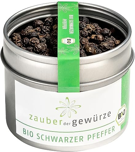 Zauber der Gewürze Schwarzer Pfeffer ganz Bio – Schwarze Pfefferkörner für die Pfeffermühle mit leichter Schärfe, ideal zum Verfeinern von Fleisch, Gemüse und Saucen, 55 g
