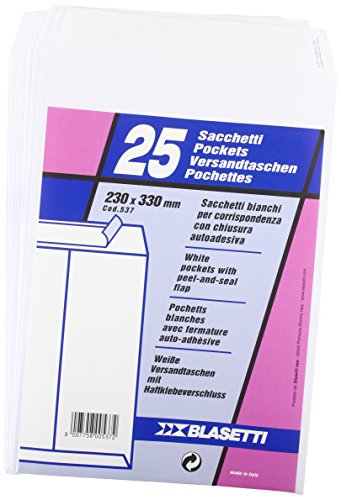 Blasetti 25 Buste a Sacco Bianche, Formato 23 x 33 cm, Carta da 80 gr con Internografia. Buste da Lettera Commerciali con Strip Adesivo, Ideali per Spedire Documenti Senza Piegature
