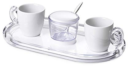 Omada Design Set 2 Tazzine Caffè in porcellana con Vassoio, Zuccheriera e Cucchiaino in acrilico trasparente, Made in Italy, Linea Crystal, Bianco