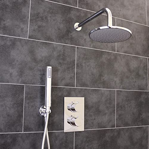 ECOSPA Concealed Twin Thermostatic Shower Mixer Valve in Chrome with 2 Outlets, 2 Round Handles and Round Overhead Drencher Plus Shower Handset Kit, Anti-Scalding Safety Feature, WRAS Approved