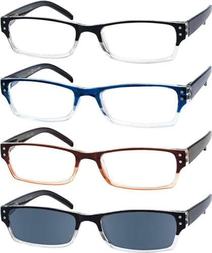 Eyekepper 4er-pack Damen und Herren Rechteckige Lesebrille mit Federscharnieren und sonnen schützt Gläser +0.75