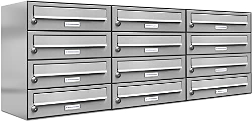 AL Briefkastensysteme 12er Briefkastenanlage Edelstahl, Premium Briefkasten DIN A4, 12 Fach Postkasten modern Aufputz