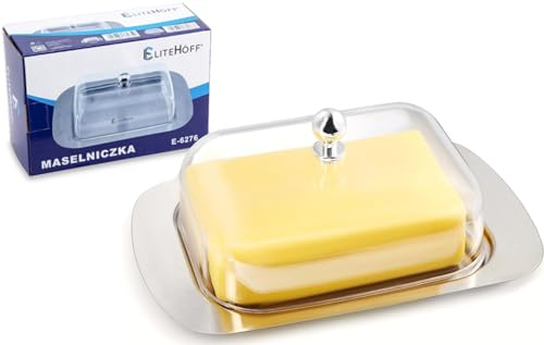 EliteHoff Butterdose Edelstahl mit Deckel, Butterbehälter mit Griff, Butterbox, Butterschale Metall 19x12 cm für 250g Butter (Silber / Transparent)