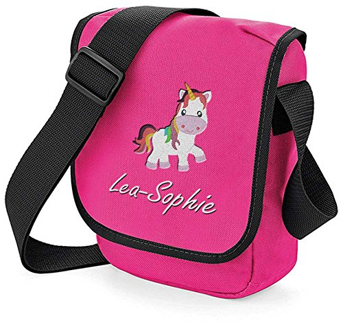 Kindergartentasche Tasche 23x17 cm Bestickt mit Namen Motiwahl Einhorn Feuerwehrmann Polizist Feuerwehrauto Zauberer Fußball Drache Pferd Baby Eulen (pink/schwarz)