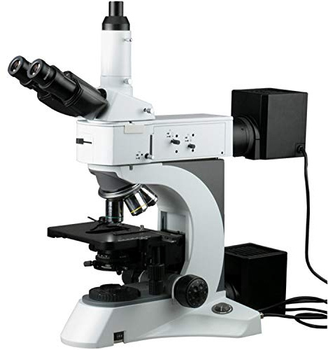 AmScope ME520TC Episcopic and Diascopic Trinocular Metallurgical Microscope, 50X-2500X Magnification, EW10x and EW25x Extreme Widefield Eyepieces, Infinity Plan Long Working Distance Objectives, Kohler Condenser, Brightfield/Darkfield/Polarizing Halogen Illumination with Rheostat, Extra-Large Double-Layer Mechanical Stage, 110V