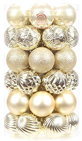 Sea Team 41-Pack Christmas Ball Ornaments with Strings, 60mm/2.36 Medium Size Baubles, Shatterproof Plastic Christmas Bulbs, Hanging Decorations for Xmas Tree, Holiday, Wedding, Party, Gold