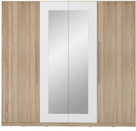 Forte Helen Kleiderschrank 230, klassischer Drehtürenschrank, 4-türig, Spiegel, Schlafzimmer, Holzwerkstoff, Sonoma Eiche Holzdekor mit Weiß, 227,5 cm breit x 212,9 cm hoch x 58,9 cm tief