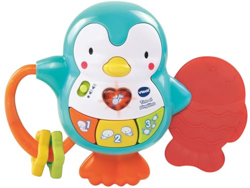 VTech Tino Le Pingouin, Jouet pour bébé, Jouet de Dentition et hochet interactif avec activités pour découvrir Les Animaux, Les Chiffres, Les Couleurs et Les chansons Amusantes
