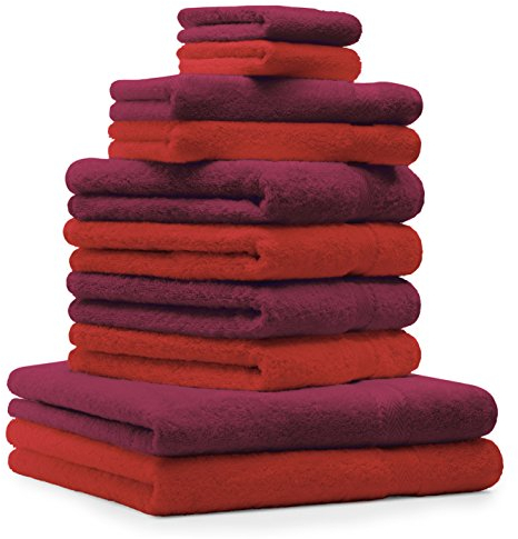 Betz 10-TLG. Handtuch-Set Premium 100% Baumwolle 2 Duschtücher 4 Handtücher 2 Gästetücher 2 Waschhandschuhe Farbe Rot & Dunkel Rot