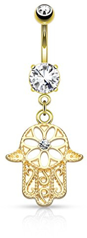 Autiga Bauchnabelpiercing mit Anhänger Fatimas Hand Hamsa14 Karat vergoldet Gold Bananabell Nabelpiercing