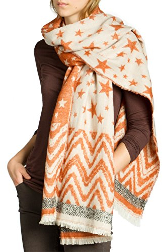 Caspar SC465 Damen großer warmer XXL Schal mit Sterne Muster, Größe:One Size, Farbe:rost-orange