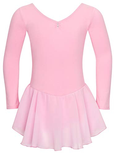 tanzmuster ® Ballettkleid Mädchen Langarm - Anna - aus weichem Baumwollstoff mit Glitzersteinen und Chiffon Röckchen fürs Kinder Ballett Ballettbodyin rosa, Größe:116/122