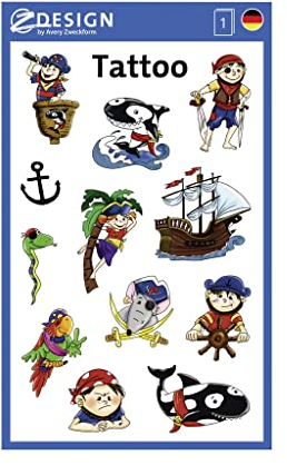 AVERY Zweckform 56683 Tattoo Kinder 12 Stück (Temporäre Tattoos Piraten, Kinder Tattoo wasserfest, Klebetattoos, Kindergeburtstag, Mitgebsel, Partyspiele Preise, Kinder zum Spielen, Tattoo Jungen)