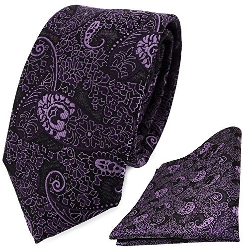TigerTie schmale Krawatte + Einstecktuch in lila violett flieder Paisley gemustert